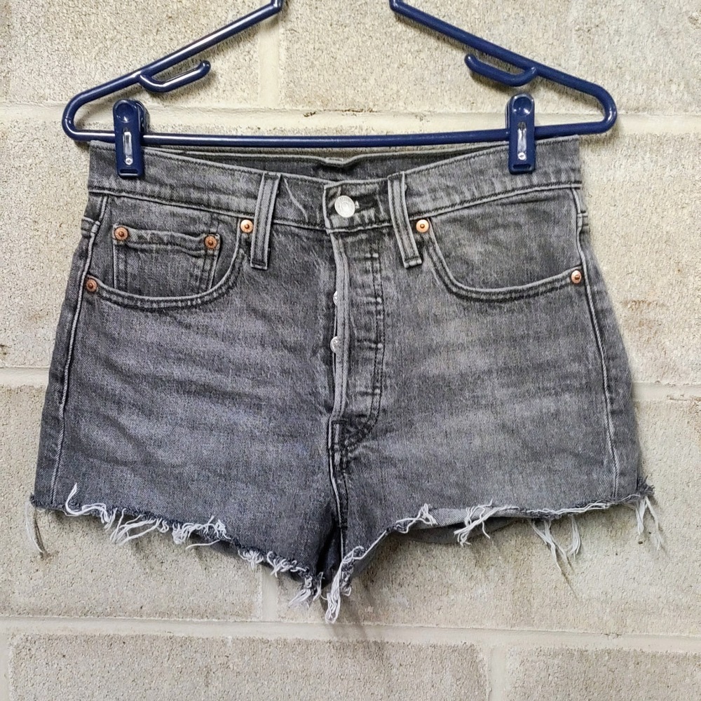 Levis 501 Jean Shorts Women 26 High Rise Button Fly Cut Off Denim Stretch Gray